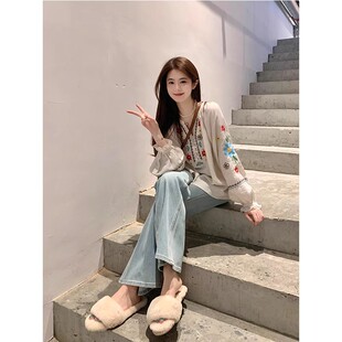 防晒衬衣 女设计感2025夏宽松休闲套头上衣长袖 欢简韵美式 刺绣衬衫