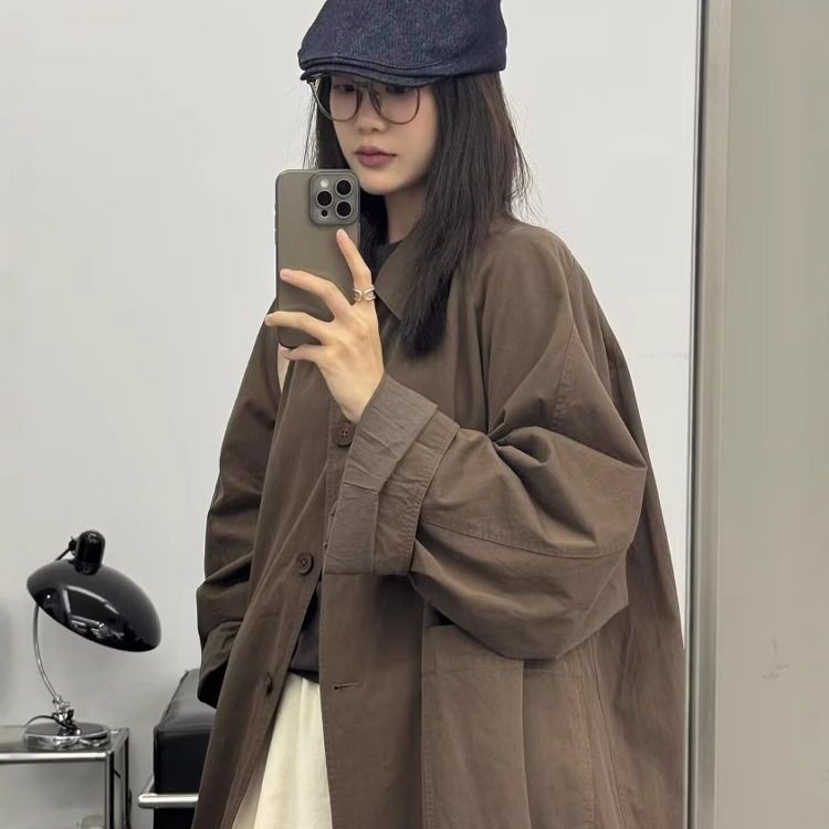 韩系小个子翻领拼接中长款风衣