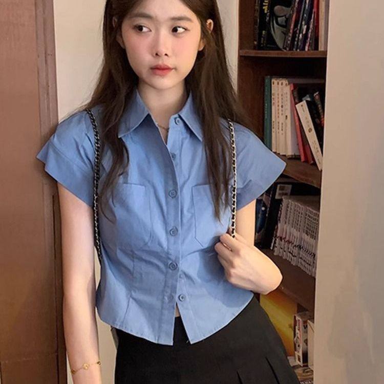 辣妹短款百搭蓝色通勤上衣潮