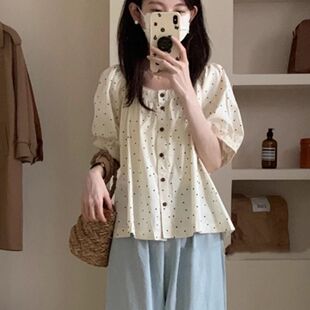 宽松短袖 欢简韵美式 新款 女2025夏季 外穿衬衣潮 满印波点蕾丝边衬衫