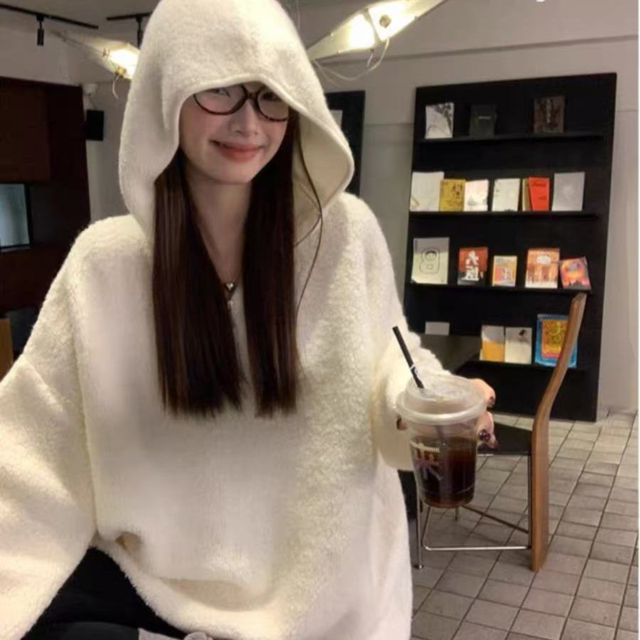 法式拉链连帽羊羔绒卫衣