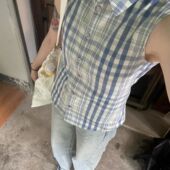 欢简韵复古小清新新款 马甲ins 衬衫 蓝色格纹无袖 衬衣百搭网红同款