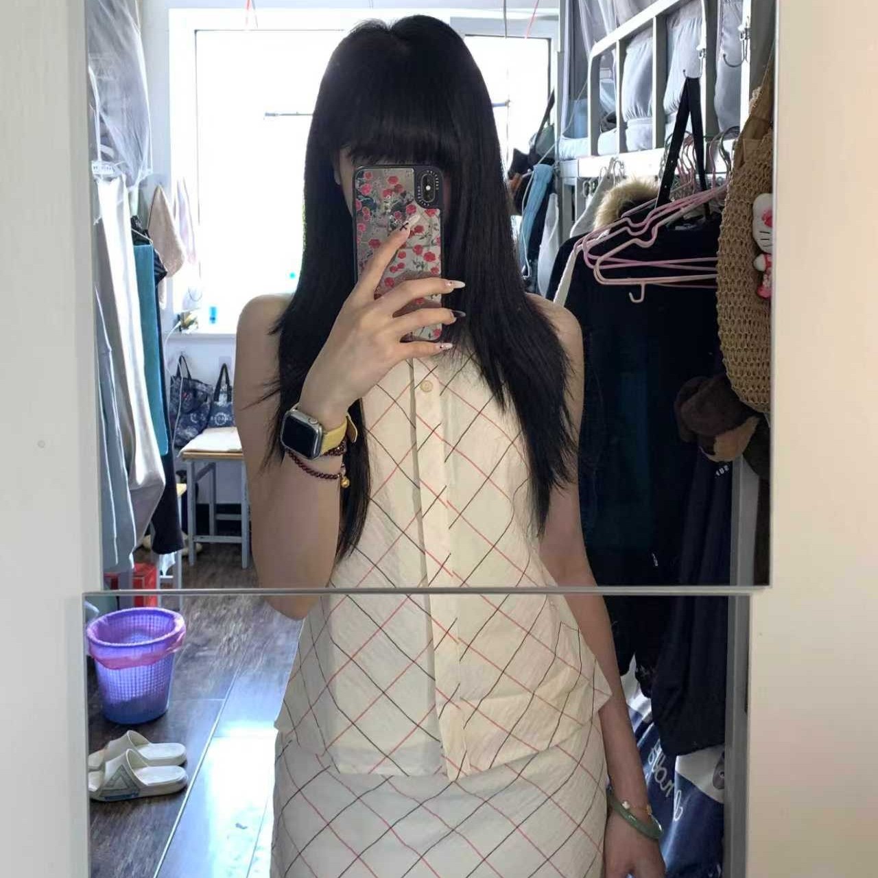 法式杏色格纹polo领衬衫