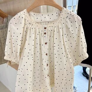 欢简韵韩系圆领拼接蕾丝边波点短袖衬衫女夏减龄娃娃衫绝美上衣服