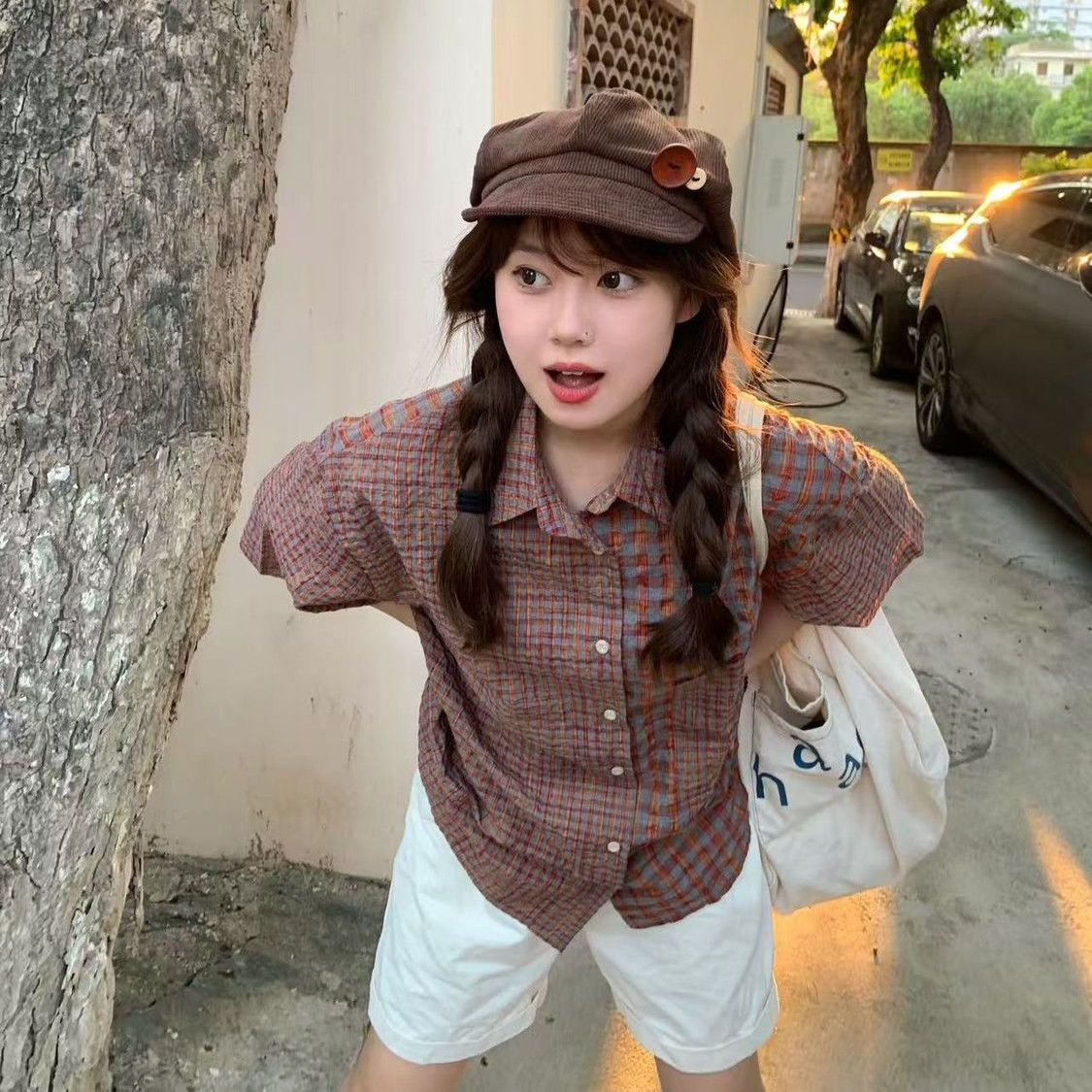 欢简韵复古橘红色格子短袖衬衫女夏拼接设计感泡泡纱外穿开衫衬衣