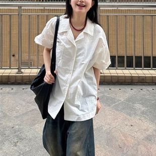 欢简韵设计感白色古巴领衬衫女夏季2025新款复古休闲日系百搭衬衣