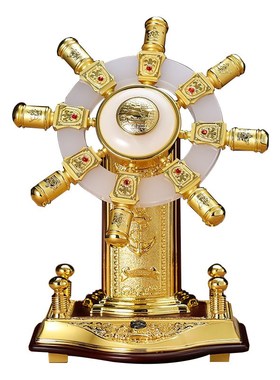 玉石舵手摆件金属舵轮工艺品中式家居客厅办公室桌创意装饰品摆设