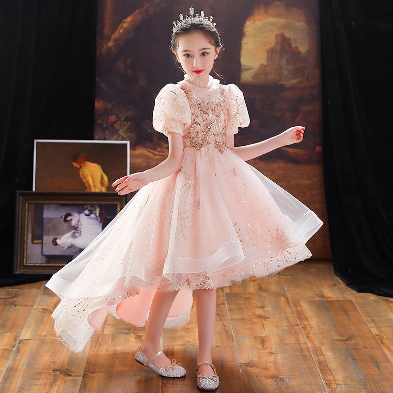 女童礼服前短后长粉色高端儿童生日公主裙花童小主持人钢琴演奏服