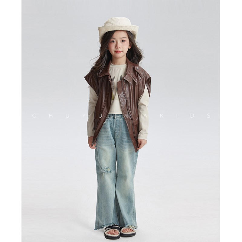 初羽家童装春季裤子2025新款女童直筒长裤儿童宽松复古做旧牛仔裤