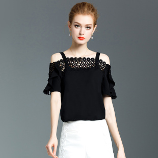 一字领吊带荷叶边露肩一字肩上衣蕾丝小衫夏黑色洋气短袖雪纺衫女