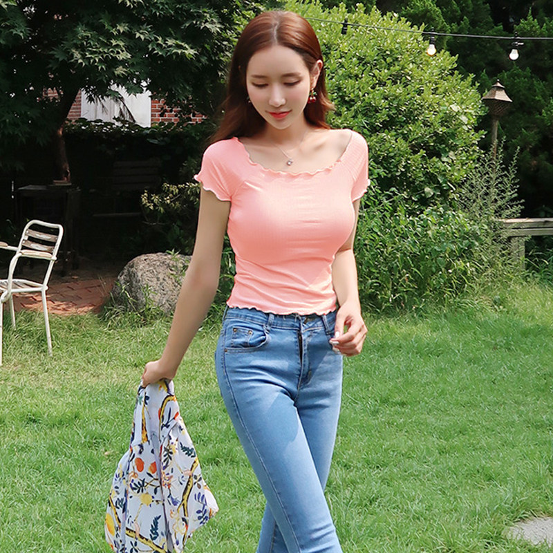 红色短款一字肩高腰上衣女性感锁骨紧身短袖T恤针织衫2020年夏季