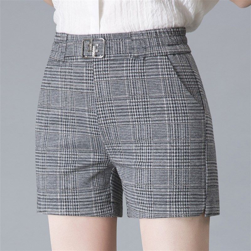 夏款高腰百搭大码弹力松紧腰千鸟黑白格子宽松阔腿开衩休闲短裤女,女装/女士精品,休闲裤,淘宝优惠券,粉丝福利购,淘宝优惠卷