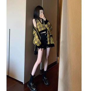 复古港风女秋冬宽松套装加厚拼接菱格V领针织开衫外套背心两件套