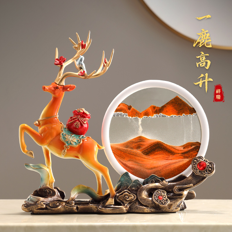 新中式流沙画摆件招p财鹿玄关电视柜家居搬家开业装饰摆设沙漏图片