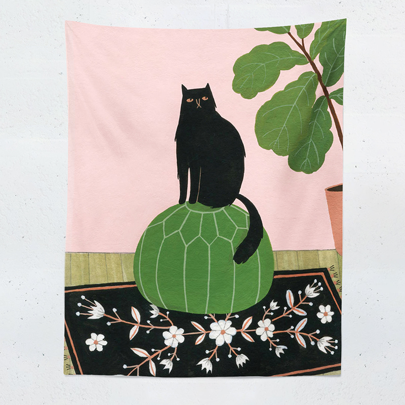 日系插画a风格猫咪挂布 ins小清新卧室床头装饰布 卧室床头挂毯图片