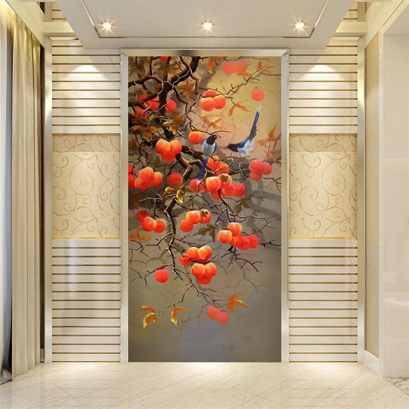 8d中式柿柿如意装饰墙布玄关走廊过道背景墙壁纸酒店饭店手绘壁画,家装主材,无纺布墙纸,淘宝优惠券,粉丝福利购,淘宝优惠卷