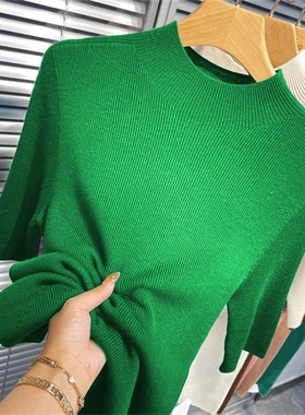 春秋半高领绿色别致中袖打底衫女202G4新款中领气质五分袖针织上