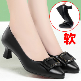 软底女春季 真皮中年中老年女士皮鞋 单鞋 韩版 中跟 2023年新款 妈妈鞋