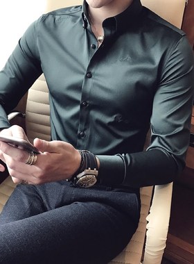 墨绿色衬衫男长袖潮流韩版商务正装刺绣衬衣修身帅气免烫垂滑寸衣