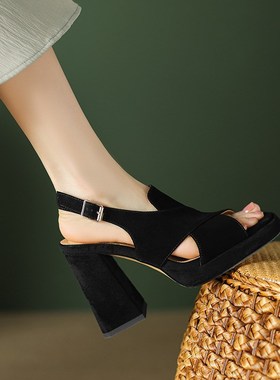 简约方头蓝色高跟鞋2025夏季z羊皮女鞋粗跟防水台厚底通勤露趾凉