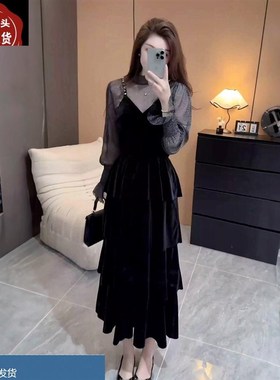 法式黑色丝绒吊带连衣裙套装女秋季高级感亮丝P打底衫蛋糕裙两件