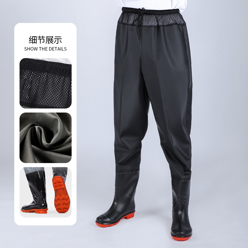 超轻加厚齐腰下水裤水库皮叉防水衣服雨I裤带雨鞋水鞋连体半身抓