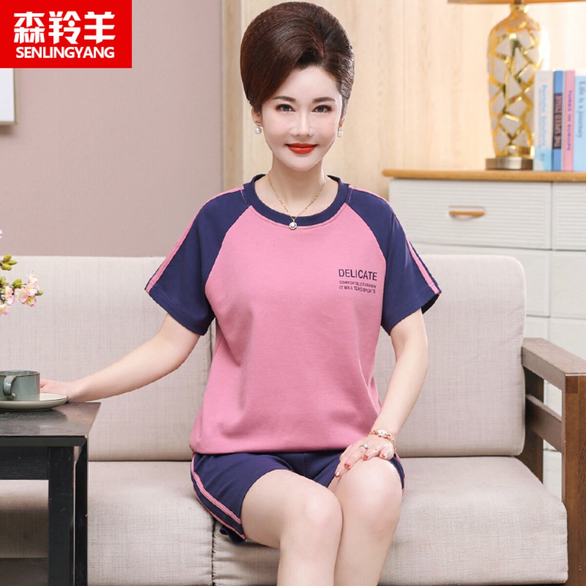 睡衣女夏款中年妈妈纯棉短袖短裤休闲圆领夏季女士薄款家居服套装