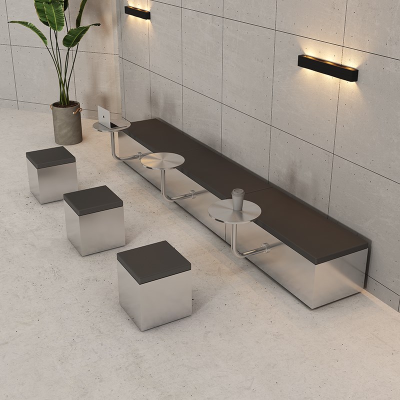 网红工业风咖啡厅靠墙卡座沙发奶茶店不锈钢桌椅S无靠背长条凳定