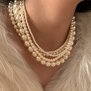 时尚法式双层多层叠戴大小珍珠项链女轻奢小众设计高级锁骨毛衣链