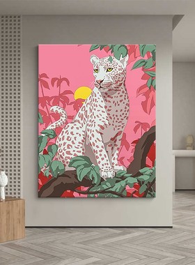 波普风粉色招财豹客厅装饰画绿色植物手绘油画玄关挂画无边框壁画