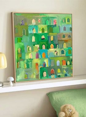 绿色抽象高端油画玄关客厅餐厅z涂鸦装饰画小众艺术挂画方形肌理