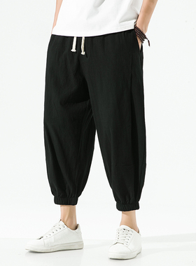 日系黑色棉麻九分裤男夏季薄款胖子加肥加大码束脚宽松亚麻休闲裤