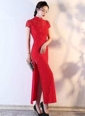 年会夜上海广场舞走秀旗袍长款y红蓝色蕾丝大码演出服复古秀色梦