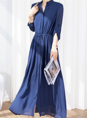 2025春夏季新款九分袖蓝色雪纺连衣D裙女 长款淑女风超显瘦A字长