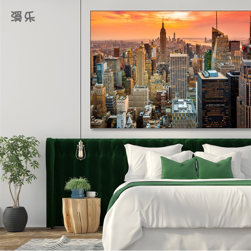 现代简约客厅装饰画横幅背t景墙彩色纽约城市建筑壁画沙发卧室挂图片