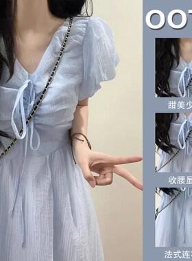 法式文艺b系带V领蓝色泡泡袖连衣裙子小个子超仙女收腰显瘦长裙子