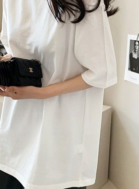 白色短袖T恤女 2m023夏季中长款百搭休闲宽松显瘦圆领落肩纯棉上