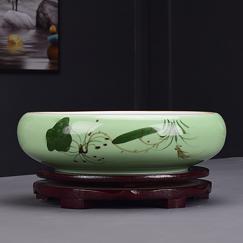 简约桌面青瓷手绘陶瓷水仙花盆铜钱草一叶莲塔竹碗莲盆特大号花盘