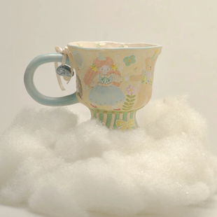 两只河狸手绘卡通陶瓷杯早餐杯创意家用喝水杯子大容量燕麦杯高颜
