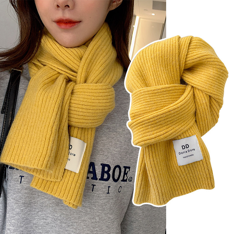 针织粗毛线小围巾男女孩学生纯姜黄色秋冬季大儿童短围脖护颈软糯