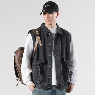 马夹街头潮牌工装 牛仔马甲男宽松无袖 大口袋背心外套潮 新款 春秋季