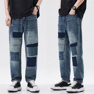 宽松水桶裤超级破烂乞丐装补丁落魄个性牛仔有型街头男式复古潮牌