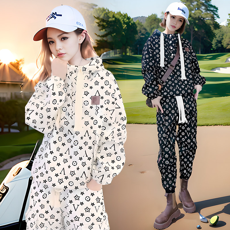 新款加绒时尚运动休闲两件式装女健身跑步服宽松学院风牛仔印花加