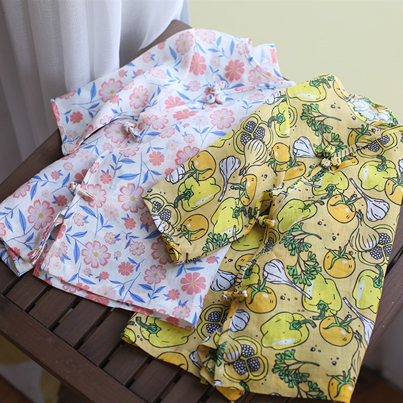 22年春夏外婆家自制女童苎麻大襟中式复古印花汉服上衣两色中国风