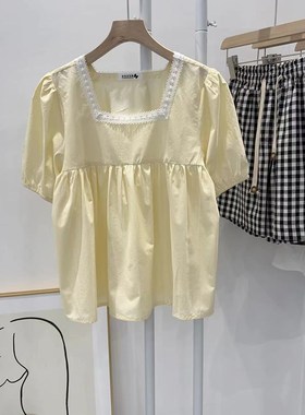 夏季新款夏装少女装淡黄色方领口蕾丝花边女上衣短袖娃娃版有大码