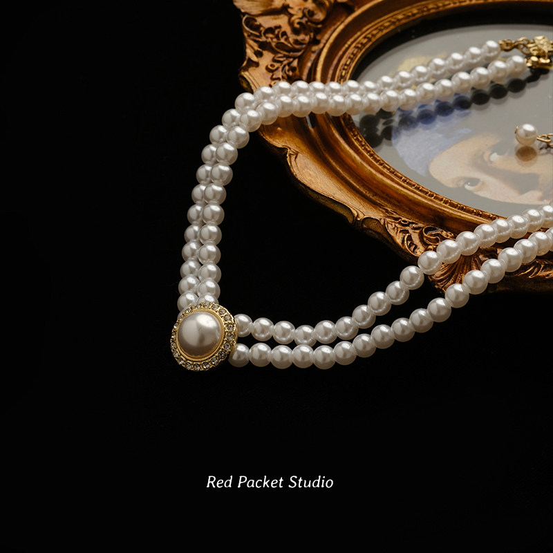 红口袋 双层珍珠项链法式复古新娘婚纱配饰赫本风晚宴写真锁骨链