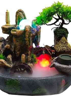 小假山流水摆件 m树脂工艺品风水轮加湿器室内装饰桌面微景观喷泉