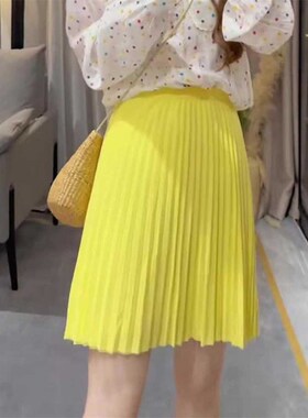 法式气质欧货黄色半身裙女夏季新款洋气别致a字高级轻熟风百褶裙