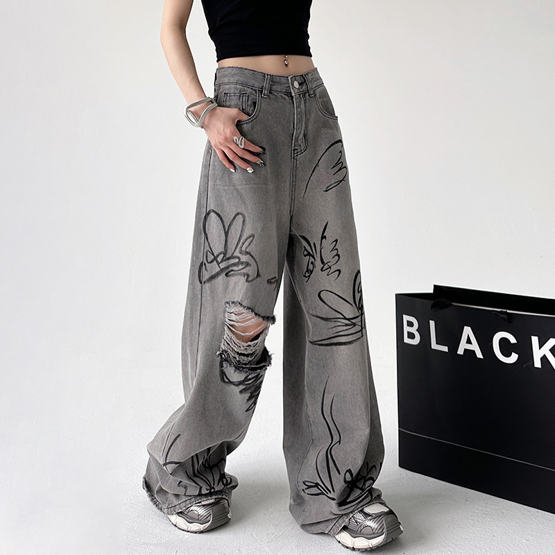 复古彩色涂鸦做旧直筒牛仔裤女2024夏季新款高腰阔腿裤拖地裤长裤