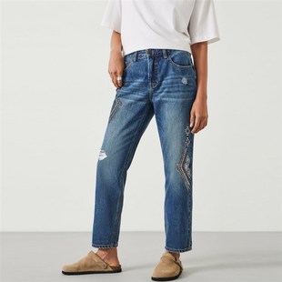 2件9折外贸休闲美单宽松显瘦破洞绣花款 直筒男友老爹九分牛仔裤